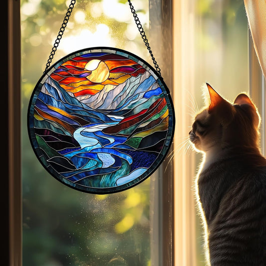 Stained Glass Window Hanging, Canyon Mountains Sunset View Sun Catcher for Window Home Decor Landscape Suncatcher Mother's Day Birthday Gifts for Women Men Mom and Nana 15 in