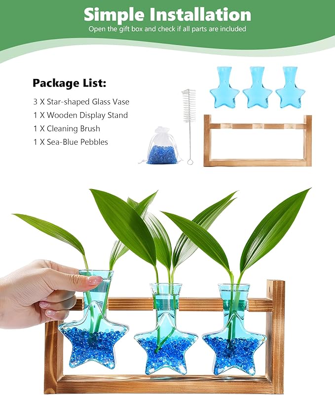 Nacome Star Glass Propagation Stations: Plant Terrarium with Wooden Stand Vase for Home Office Desk Decor, Unique Gifts for Plant Lovers Women Mom (Blue)