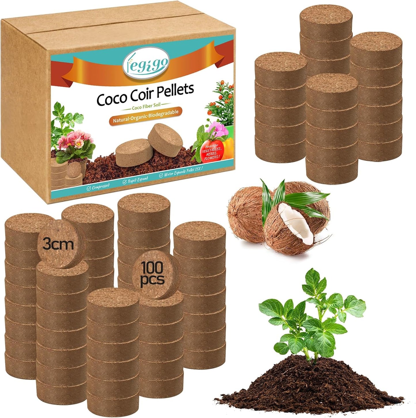Legigo 100 Pcs 30mm Coco Coir Pellets Seed Starting Soil Mix- Compressed Coconut Coir Pellets Potting Soil Pods for Seedling, Coco Peat Soil Discs for Indoor & Outdoor Plants, Herb Vegetables Flowers