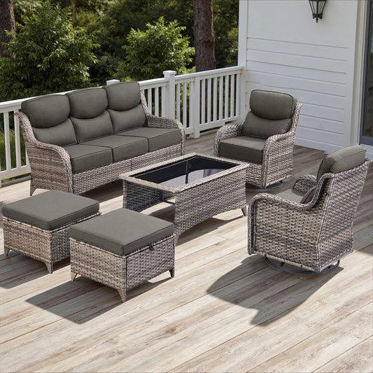 Wicker Outdoor Patio Furniture Set - 6 Piece Patio Conversation Sets with Swivel Rocker Chairs, Ottomans, Sofa and Coffee Table, 6 inch Cushions, Deep Seating, for Porch Deck Mixed Grey/Grey