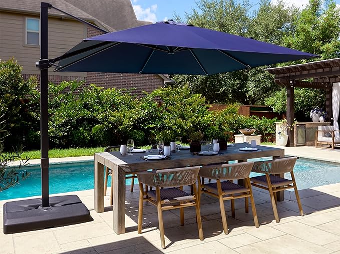 PURPLE LEAF 10' × 10' Patio Cantilever Umbrella Outdoor Square Adjustable Offset Umbrellas with 360-degree Rotation and 8 Heavy Duty Metal Ribs for Garden Deck Pool Navy Blue