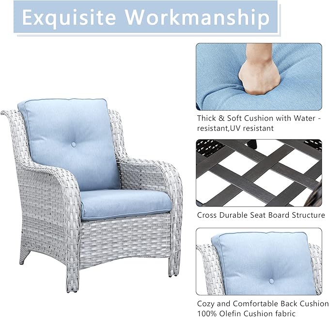 Rilyson Patio Bistro Set Wicker Chairs - 3 Piece Outdoor Rattan Conversation Set with 2 Armrest Chair and 1 Side Table for Proch Deck Garden Backyard Balcony(Light Grey/Sky Blue)