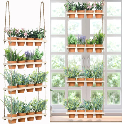 4 Tiered Window Plant Shelves Hanging Herb Planter Indoor Display with 16 Pcs Flower Pots Wood Window Plant Hanger for Grow Herbs Succulents Microgreens Seedling Organization