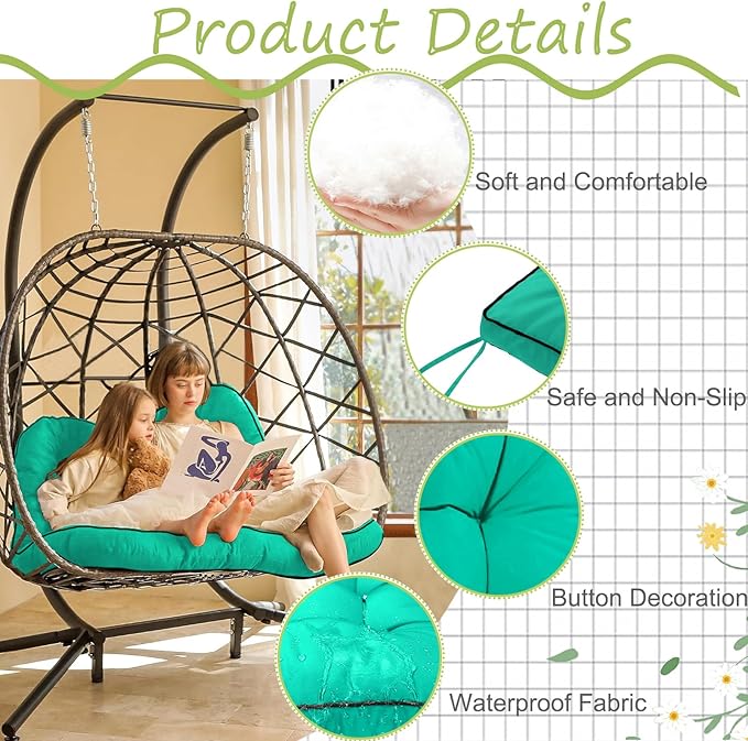 Swing Replacement Cushions with Backrest, 2 or 3 Seater Waterproof Non-Slip Overstuffed Swing Pad, Indoor/Outdoor Bench Cushion for Porch Chair Swings Garden Furniture (Lake blue, 40 * 55 in)