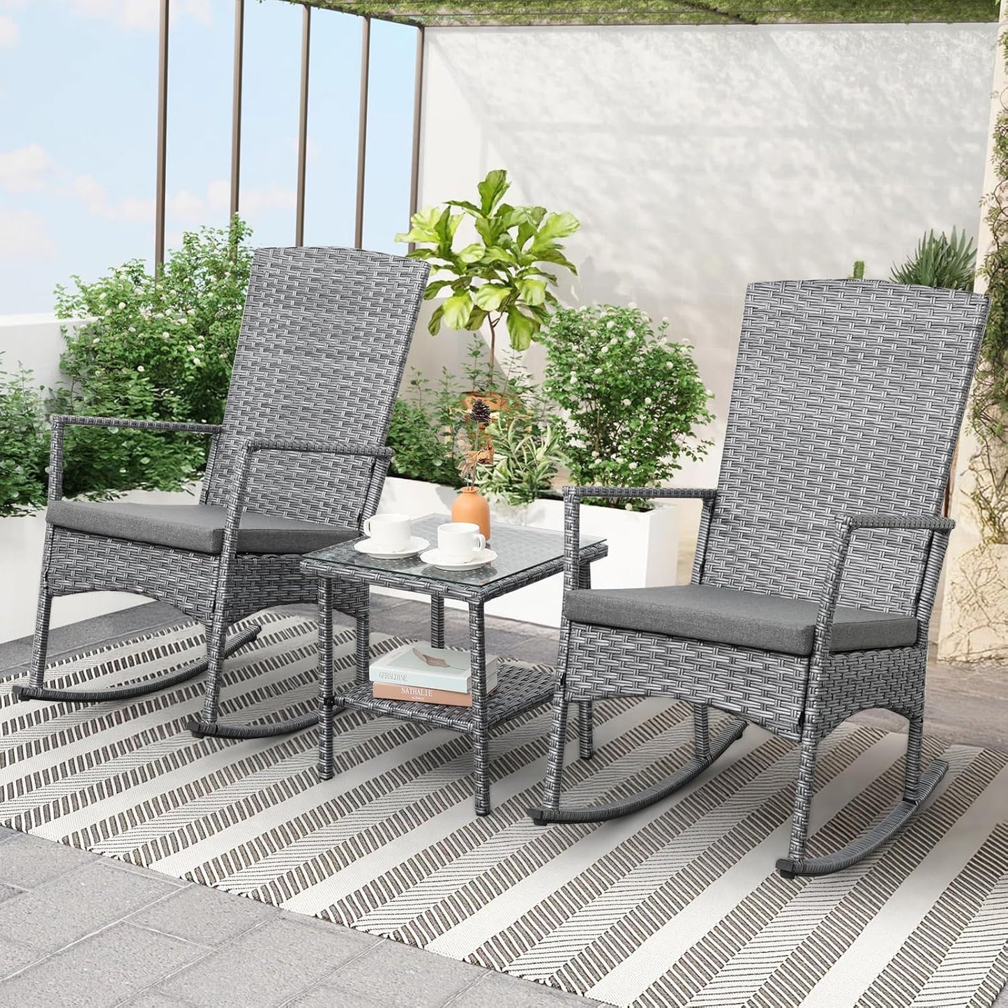 Outdoor Rocking Chair 3 Pieces High-Backed Rocking Chair Patio Rocking Chairs Outdoor Table and Chairs Anti-Slip Cushions Dark Grey