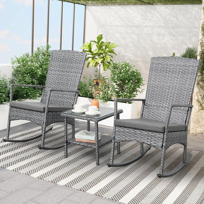 Outdoor Rocking Chair 3 Pieces High-Backed Rocking Chair Patio Rocking Chairs Outdoor Table and Chairs Anti-Slip Cushions Dark Grey