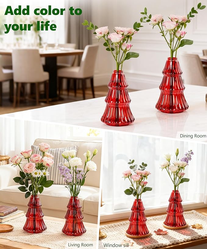 Nacome Christmas Tree Propagation Stations: 2PCS Plant Terrarium Glass Vases for Home Office Decor, for Plant Lovers Women Mom (Red)