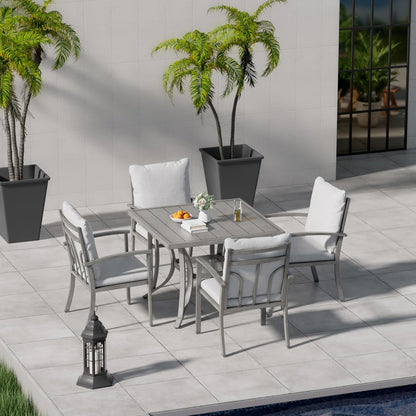 HAPPATIO Square Outdoor Dining Table - Patio Aluminum Slat Dining Table with 2.2" Umbrella Hole, 4 Person Dining Table for Garden, Backyard and Poolside