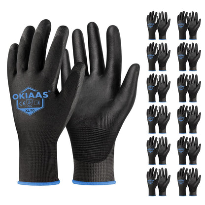 OKIAAS Work Gloves for Men，Ultra Thin and Lightweight Working Gloves with Grip, 12 Pairs Bulk Pack Construction Gloves with Polyurethane Coating for Light Duty Work (Black, X-Large)