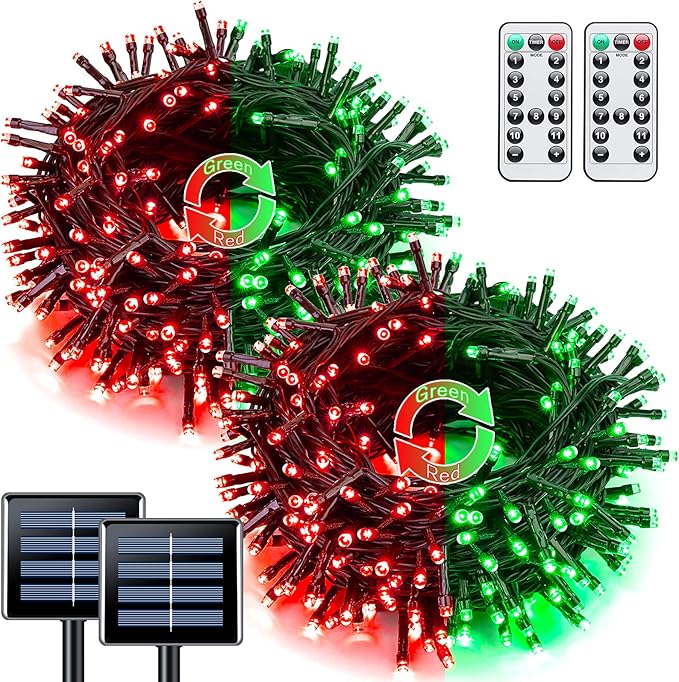 JMEXSUSS Red and Green Solar Christmas Lights Outdoor Waterproof, 2 Pack 100 Led 33ft Color Changing Solar String Lights for Christmas Tree Decor