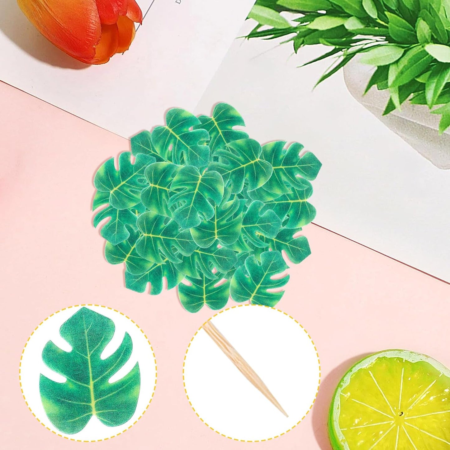 48 PCS Edible Tropical Turtle Leaves Cupcake Toppers Edible Wafer Paper Leaf Cupcake Picks Palm Leaves Cake Decorations For Hawaii Theme Baby Shower Birthday Jungle Party Cake Decoration Supplies