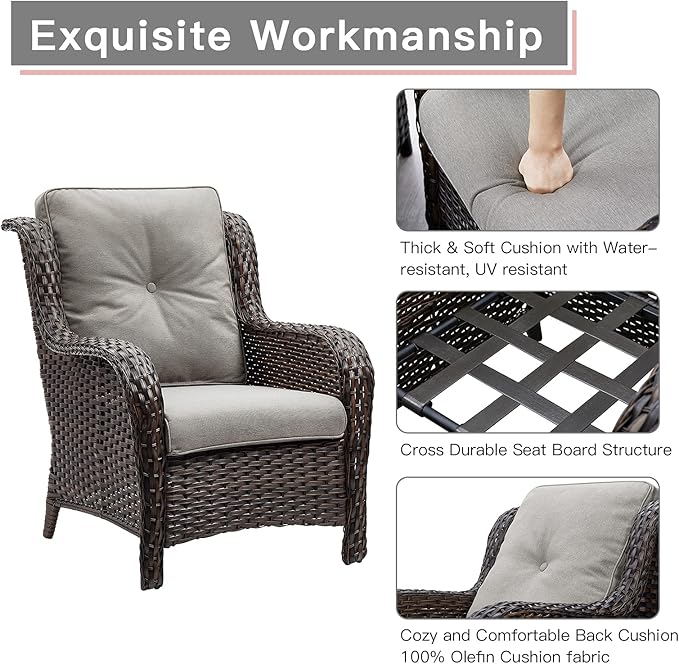 Rilyson Outdoor Wicker Patio Chairs Set of 2: Rattan Dining and Porch Chairs with High Back and Deep Seating (Brown/Grey)