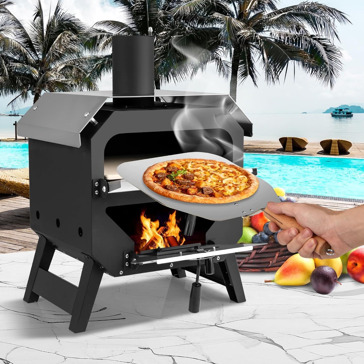 Happygrill Pizza Oven Outdoor, 12” Portable Wood-Fired Pizza Stove with Pizza Stone, Pizza Peel & Oxford Cloth Cover, Multi-Fuel Pizza Maker with Stainless Steel Roof for Patio Backyard Camping BBQ