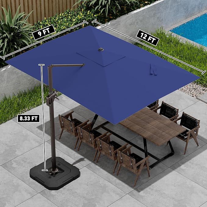 9' X 12' Cantilever Patio Umbrella with Base Included 360°Rotation Rectangular Outdoor Large Offset Umbrellas Heavy Duty Windproof for Garden Deck Pool, Navy