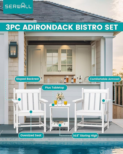 SEWRWALL 3 Pieces Patio Bistro Set, All Weather Adirondack Chair Set with Side Table, HDPE Material Outdoor Patio Furniture Set for Balcony, Porch, Garden, Backyard- White
