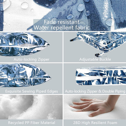 LVTXIII Outdoor Deep Seat Cushion Patio Seat and Back Cushion Set Seasonal Chair Cushion with Removable Cover and Adjustable Buckle for Home and Garden, 22"x22"x4", Palms Blue