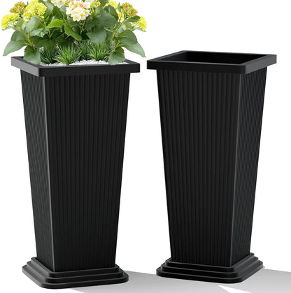 Set of 2 Large Tall Planter for Indoor or Outdoor 24" Flower Pots Tapered Tall Planters with Tray for Porch, Patio, Backyard, Large Planters for Outdoor Indoor Plants(Black,Striped)