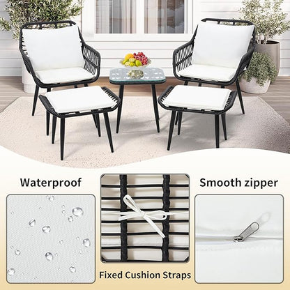 5 Piece Wicker Bistro Patio Conversation Furniture Set, Includes 2 Chairs, 2 Ottomans, and Side Table, Ideal for Porch, Balcony, Deck, Backyard, Black