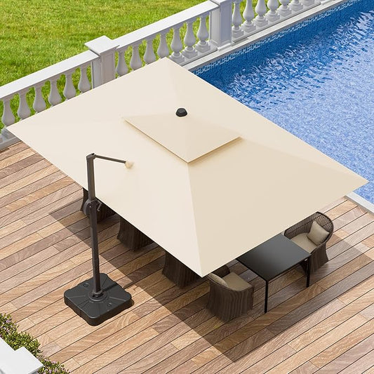 9x12 FT Patio Umbrella with base, Large Cantilever Rectangular Double Top Heavy Duty Offset Umbrellas with 360° Rotation, Outdoor shade for Garden Deck Pool, Beige