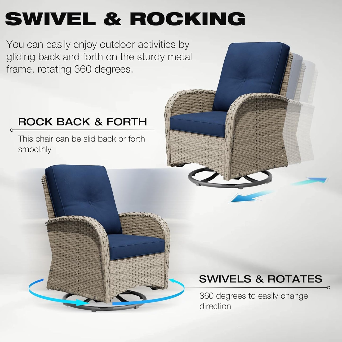 Joyside Outdoor Swivel Rocker Chairs, 3 Piece Wicker Patio Set with Thick Cushion and Side Table, Rattan Patio Swivel Rocking Chairs for Porch, Deck Use (Natural/Blue, 3 PCS)