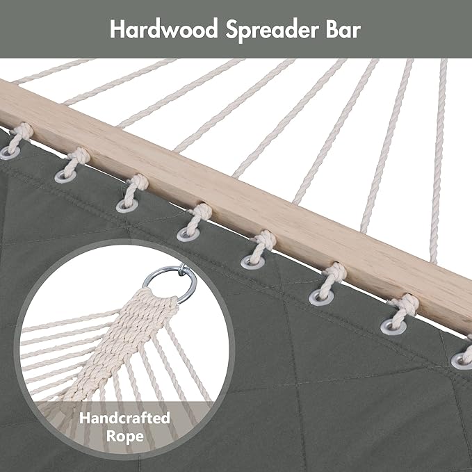 ANOW 2 Person Hammock with Spreader Bars and Detachable Pillow, Quilted Hammock for Outdoors Indoors, 450 LBS Weight Capacity, Gray