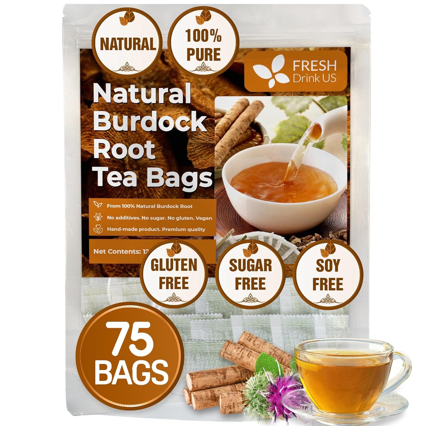 FreshDrinkUS Premium Burdock Root Tea Bags, 100% Natural & Pure. Burdock Herbal Tea, Made with Natural Material Tea Bags. No Sugar, No Caffeine, No Gluten, Vegan