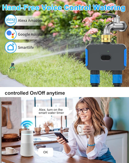 WiFi Sprinkler Timer, 2 Zone Smart Bluetooth Hose Timer, Programmable Automatic Irrigation System with Remote APP, Compatible with Alexa Google, Watering for Outdoor Garden Yard Lawn