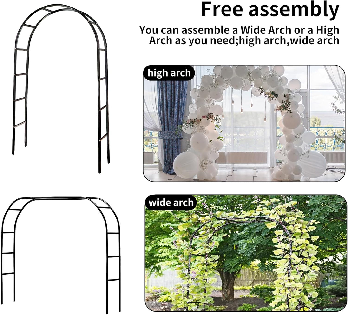 RUBFAC Metal Garden Arch, Wedding & Event Decoration, Garden Trellis for Climbing Plants, Assemble Freely 2 Sizes for Various Climbing Plant Roses Vines Bridal Party Decoration, Black, 1 Pack