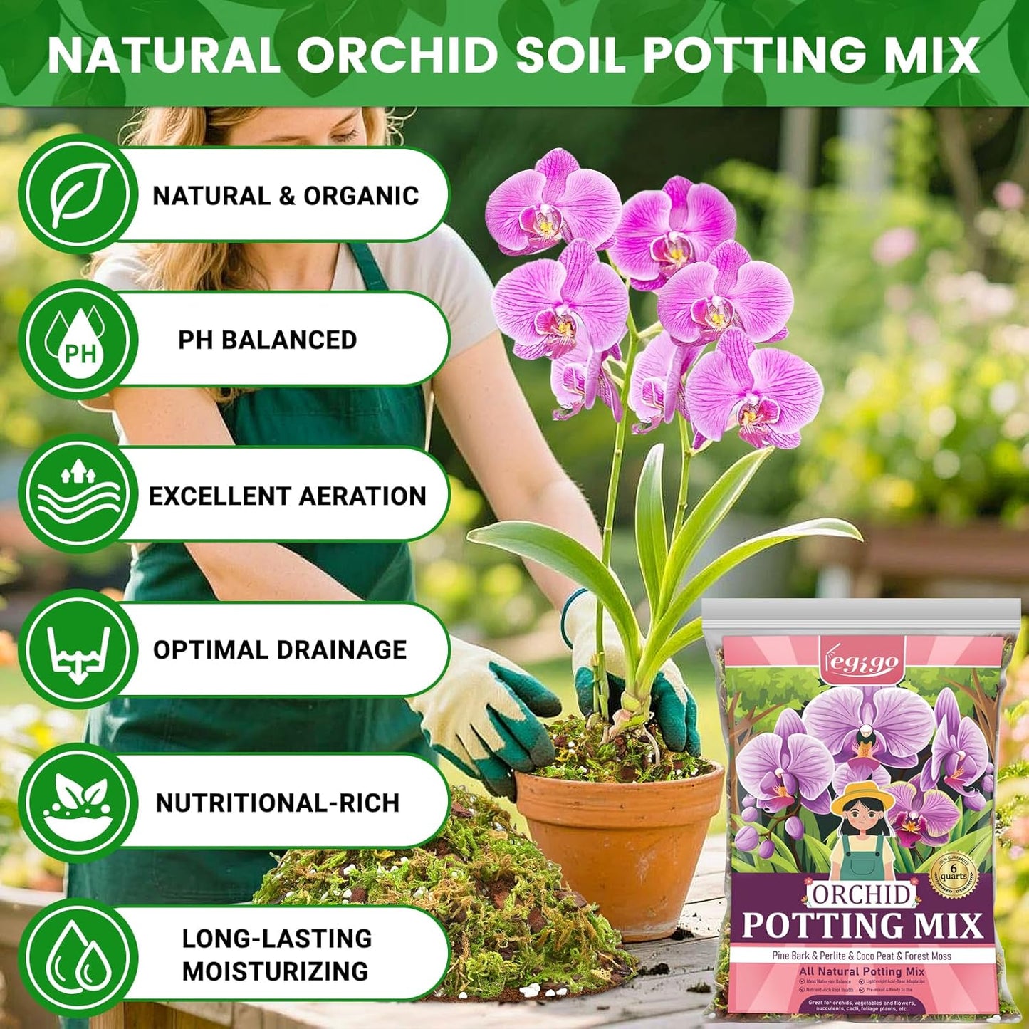 Legigo 4 QT Orchid Potting Mix- Natural Orchid Soil Mix for Repotting with Moss, Pine Bark, Coco Peat and Perlite, Enhanced Drainage Orchid Bark Potting Mix Repotting Kit for Indoor Plant Growth