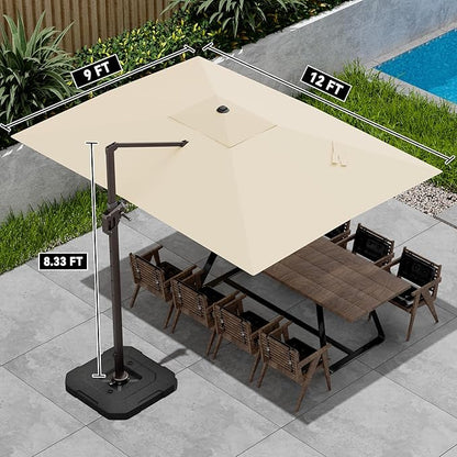 9' X 12' Cantilever Patio Umbrella with Base Included 360°Rotation Rectangular Outdoor Large Offset Umbrellas Heavy Duty Windproof for Garden Deck Pool, Beige