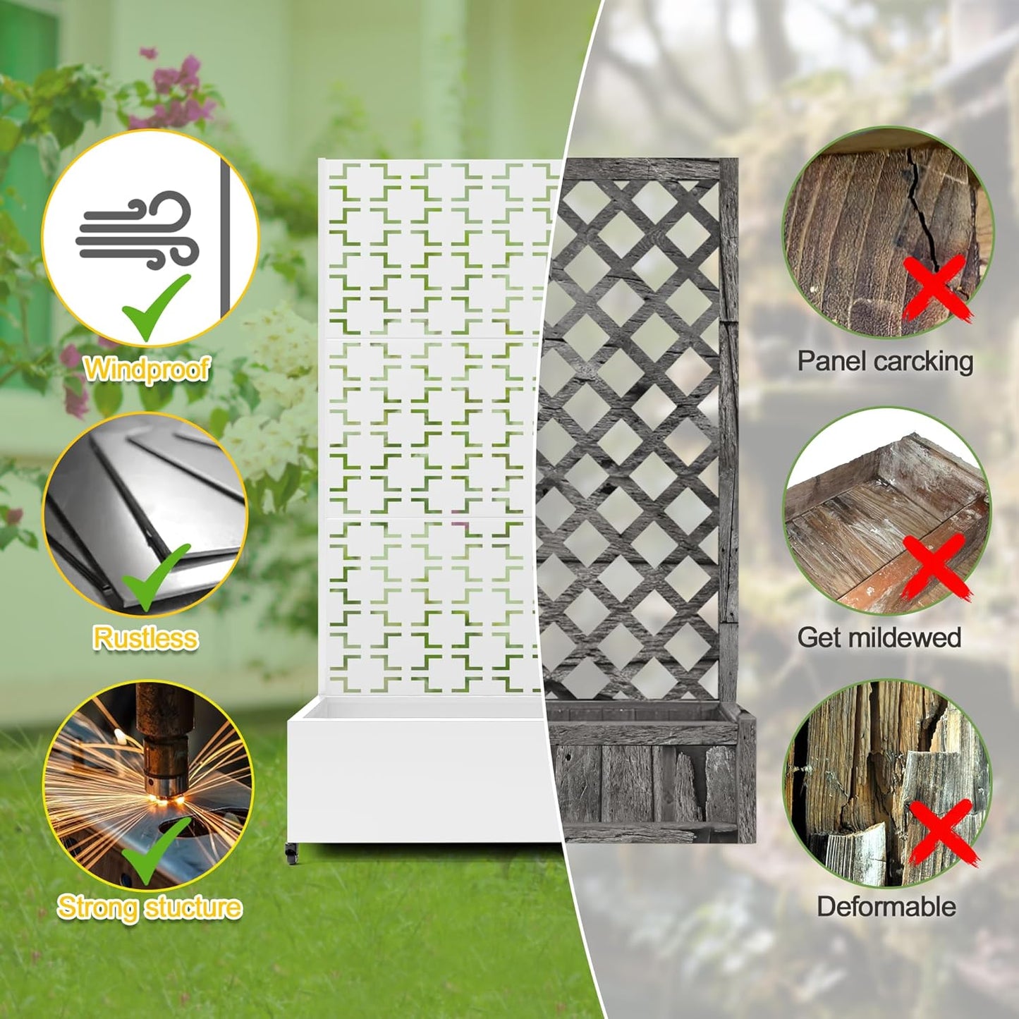 FENCY Metal Raised Garden Bed with Wheels and Trellis,73"x47"x16" Planter Box for Climbing Plants, Vegetables & Vines, Features Privacy Screen and Drainage Holes (White-Square)