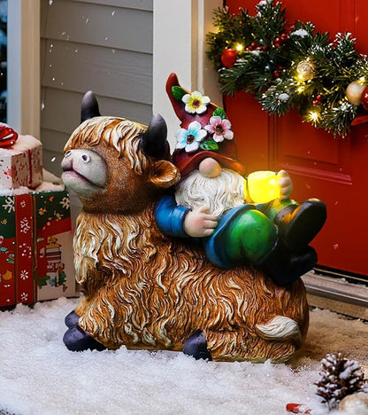 Christmas Garden Gnomes Statues Sitting On Highland Cow, Hold Solar Cup, Outdoor Decorations for Patio,Yard, Highland Cow Christmas Decorations