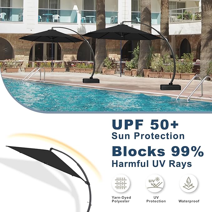 11FT Cantilever Umbrella with Base Large Curvy Outdoor Aluminum Offset Umbrella w/ 360° Rotation, UV Resistant Canopy for Patio, Garden, Backyard, Black