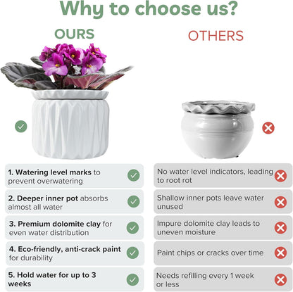 6 inch Self Watering Pot for Indoor Plants, African Violet Pot Ceramic, Flowers Planter (4 inch Opening), Holds 3 Weeks of Water (2 Pack White)