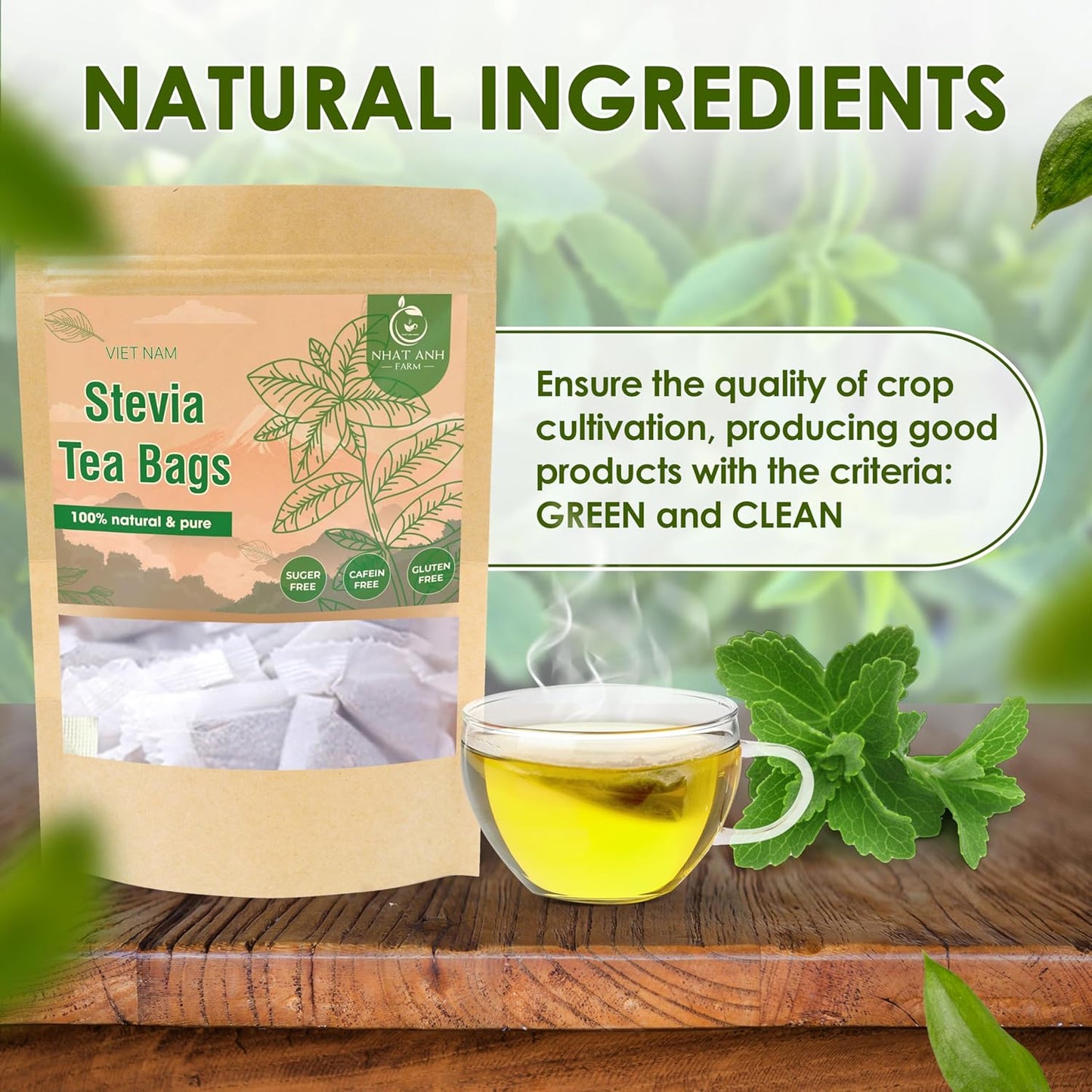 NHAT ANH FARM - Premium Stevia Tea Bags, 40 Stevia Tea Bags, 100% Natural Dried Leaves, Naturally Sweet Herbal Tea, Sugar-Free, Caffeine-Free, No Additives.