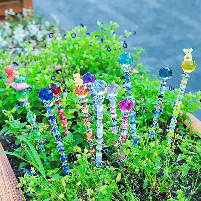 AIPRIDY 238 Pcs DIY Fairy Wand Garden Stakes Kit,Multiple Color Scheme European Beads Crystal Diamond Tops and 12 or 10 Inch Threaded Rods,Stainless Steel Stakes with Diamond Toppe (Lighted Globes)