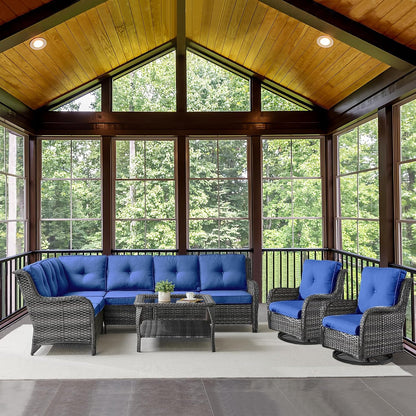 Outdoor Furniture Sectional Sofa L Shaped Couch - Patio Wicker Set with 2 Swivel Glider Chairs, 5 Piece Rattan Patio Conversation Sets with Blue Cushion for Deck Backyard Sunroom