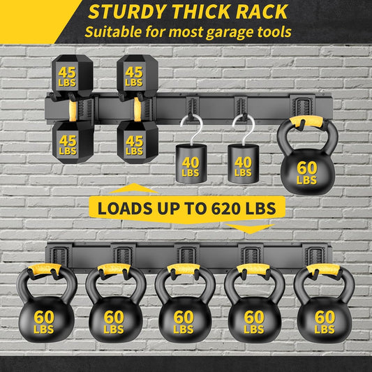 64 Inches Garage Storage, Garage Organization, Wall Mount Garden Tool Organizer, Max 620lbs Adjustable Metal Hooks, Yard Shed Rack, Tool Holder for Hanging Rake Broom Mop Snowboard, Home Gift