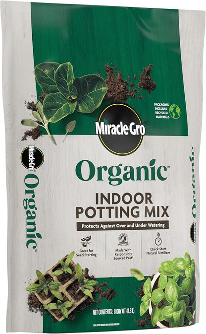 Miracle-Gro Organic Indoor Potting Mix, Protects Against Over and Under Watering, for Indoor Container Plants, Houseplants and Starter Plants, OMRI Listed, 8 qt., 3-Pack