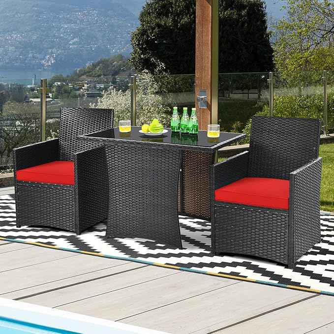Tangkula 3 Pieces Patio Dining Set, Space-Saving PE Rattan Bistro Set with Tempered Glass Top Table and Cushioned Chairs, Outdoor Conversation Set for Garden Backyard Poolside Porch (Red)