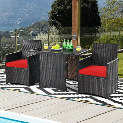 Tangkula 3 Pieces Patio Dining Set, Space-Saving PE Rattan Bistro Set with Tempered Glass Top Table and Cushioned Chairs, Outdoor Conversation Set for Garden Backyard Poolside Porch (Red)