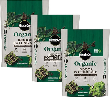 Miracle-Gro Organic Indoor Potting Mix, Protects Against Over and Under Watering, for Indoor Container Plants, Houseplants and Starter Plants, OMRI Listed, 8 qt., 3-Pack