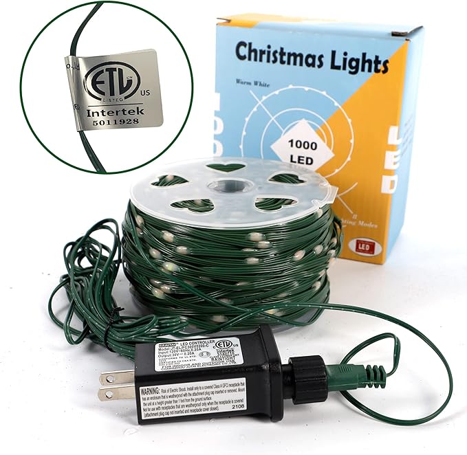 WATERGLIDE Extra Long 328 FT Fairy String Lights, 1000 LED Outdoor Green Wire Christmas Lights, Plug in Mini Light 8 Modes & Waterproof for Outside Xmas Tree Holiday Wedding Party Decor, Warm White