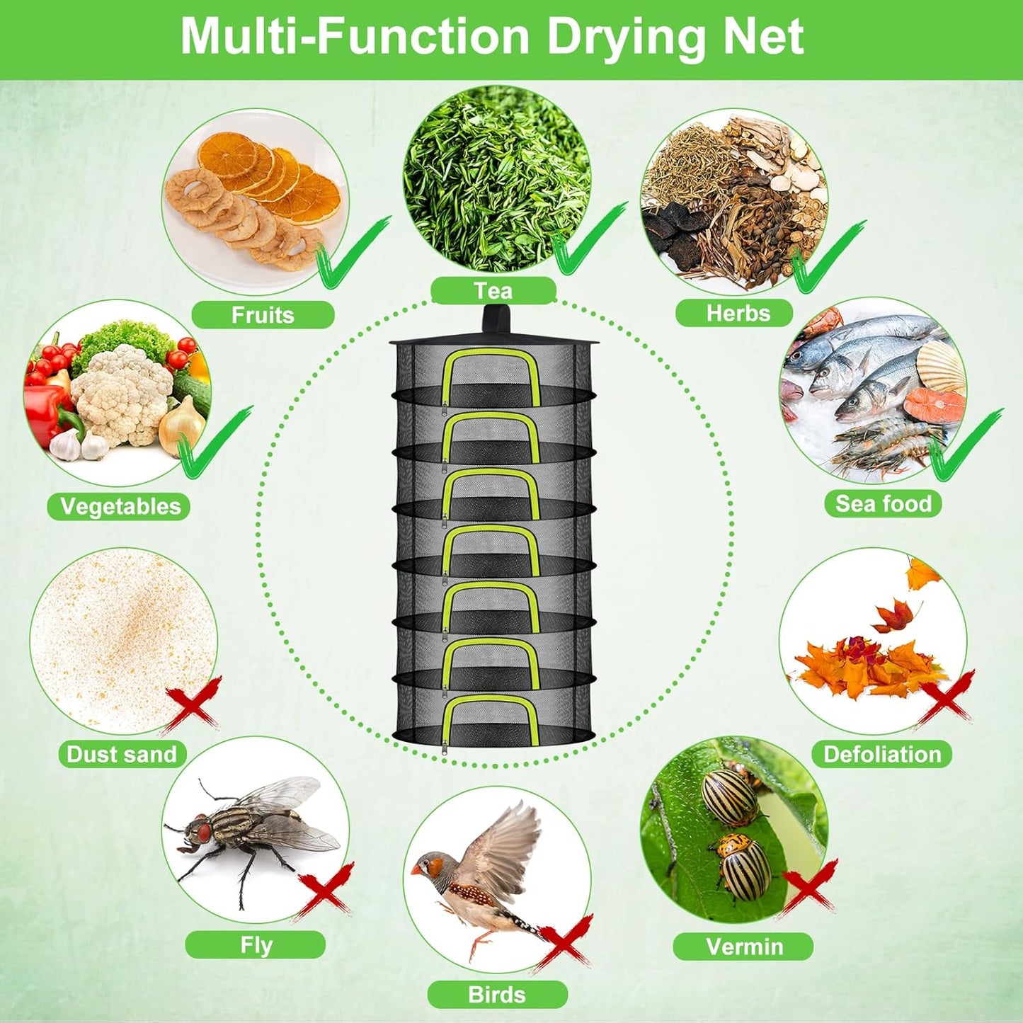 7 Layer Herb Drying Rack, Herb Drying Rack Hanging Mesh, Foldable Bud Drying Net with U-Shaped Zipper, Hooks, for Drying Herbs Plants, Flowers, Fruits, Food, Camping (7 Layers-23.62'')