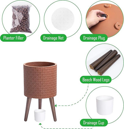 D'vine Dev 10 Inch Modern Geometric Tile Patterned Sleek Planter Pot with Stand, Indoor Outdoor Decorative Plant Holder, Terra Cotta, 88-Z-B-3