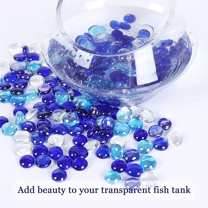 11LB Fire Glass Beads Flat Glass Marbles for Outdoor Fire Pit and Fireplace, Glass Gemstones for Vase Filler, Aquariums, Hydroponics Plants, Home Decor and Christmas DIY Craft, Blue Mixed