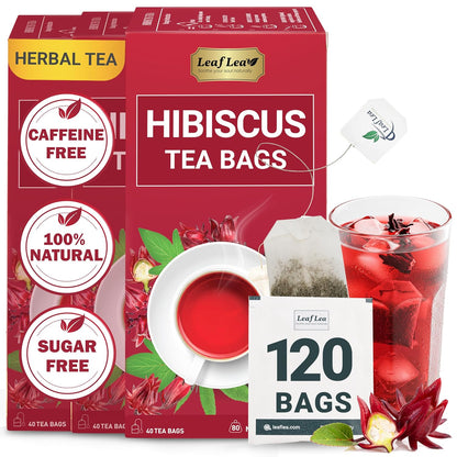 LeafLea 120 Hibiscus Tea Bags, 100% Pure Natural Hibiscus Flowers Herbal Tea, Natural Red Hibiscus Flower Tea, Te de Hibisco, Caffeine-Free, No Sugar, Vegan, Non-GMO, Rich in Flavor & Color, Pack of 3