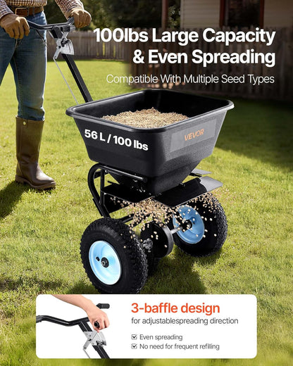 VEVOR Broadcast Spreader, 100LBS4Capacity, Walk-Behind Push Spreader, 0-9.8ft Spreading Width, 13 in All Terrain Pneumatic Tires, Lawn Spreaders with Hopper Grate, for Seed, Fertilizer, Salt, Ice Melt