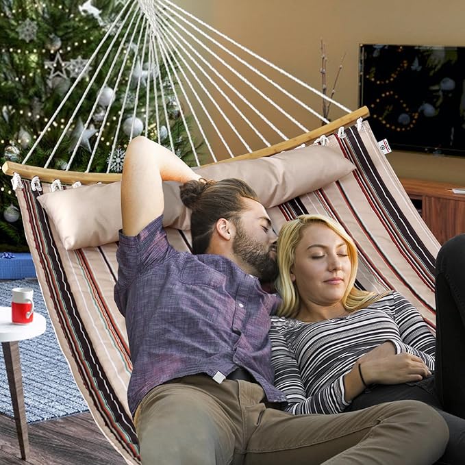 Double Hammock, 11 FT Quilted Fabric 2 Person Hammock for Outside with Pillow, Folding Curved Spreader Bar, Chains, Carrying Bag, Indoor Outdoor, 450 IB Capacity, Havana Brown