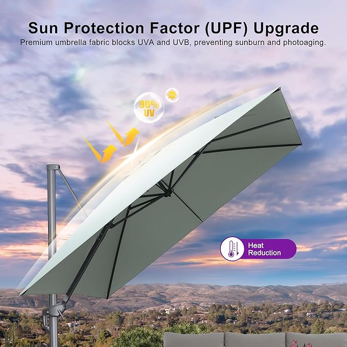 PURPLE LEAF 10 FT Cantilever Patio Umbrella Outdoor Aluminum Offset Square Umbrella with 3 Years Fade Resistance Recycled Fabric and 360-degree Rotation for Deck Pool Garden, Mint Green
